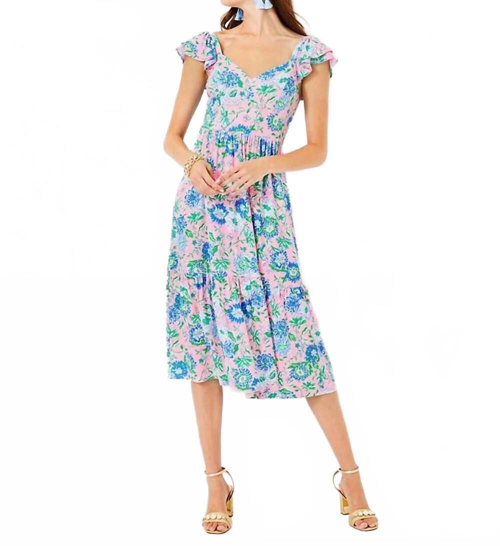 NEW LILLY PULITZER bayleigh flutter sleeve midi dress in conch shell pink rumor